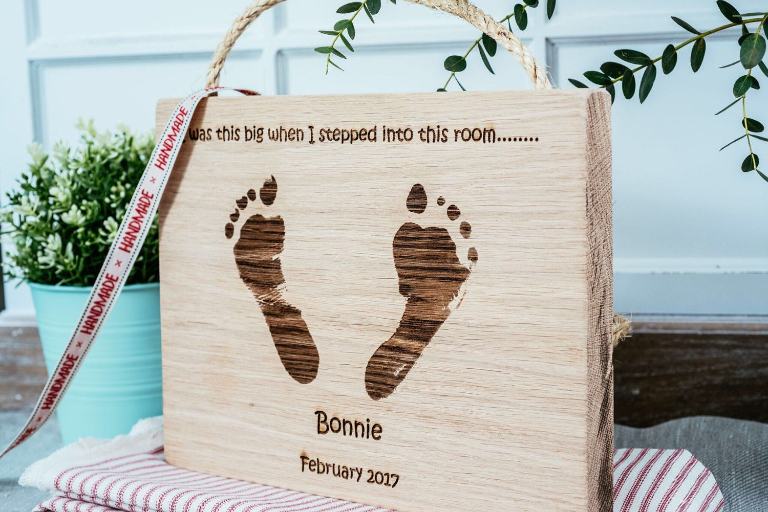 Footprints/Handprint Engraved in Solid Oak Wood Wall Hanging/Personalised Keepsake/Baby Footprint Gift/Child Footprint Gift/Baby Handprint