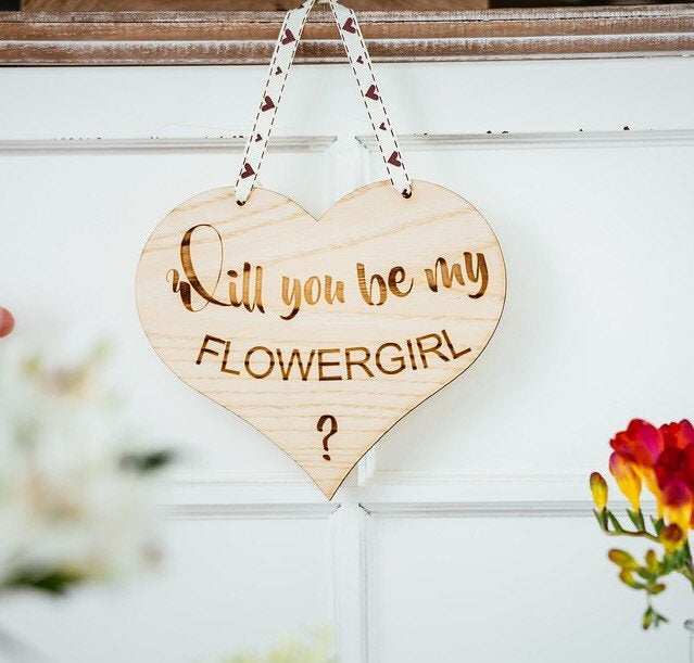 Will you be my bridesmaid or flower girl engraved wood heart