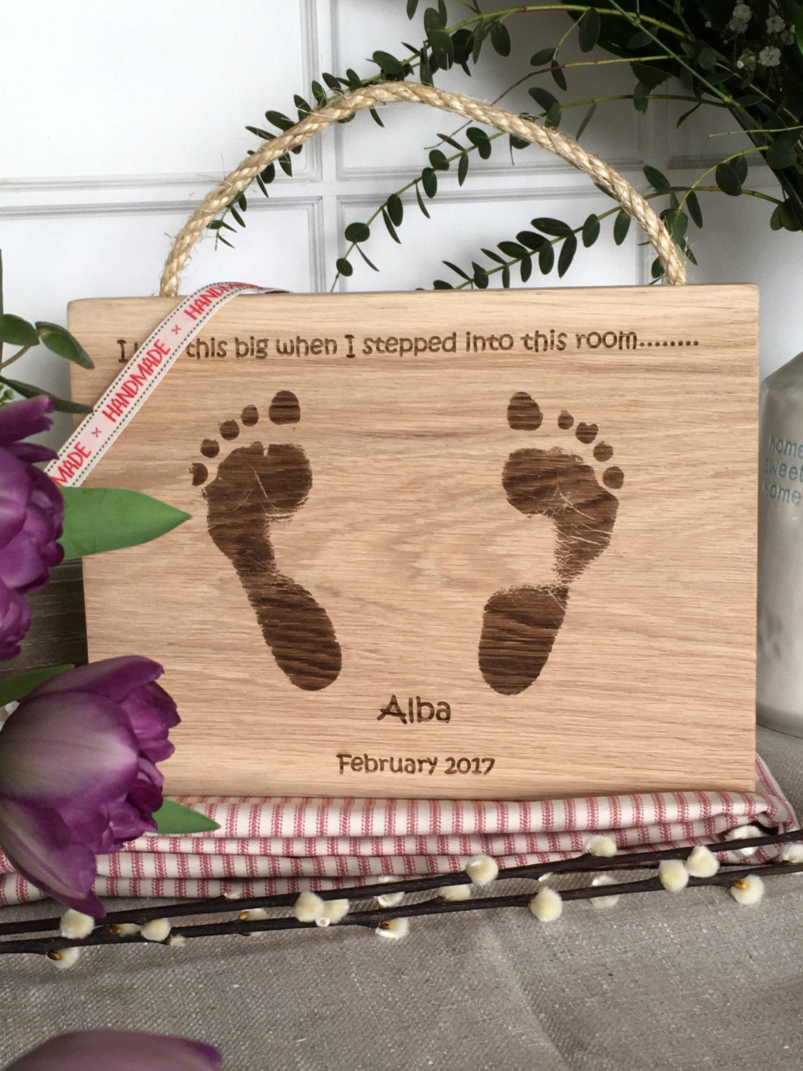 Footprints/Handprint Engraved in Solid Oak Wood Wall Hanging/Personalised Keepsake/Baby Footprint Gift/Child Footprint Gift/Baby Handprint