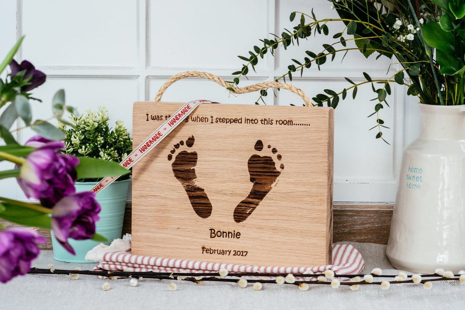 Footprints/Handprint Engraved in Solid Oak Wood Wall Hanging/Personalised Keepsake/Baby Footprint Gift/Child Footprint Gift/Baby Handprint