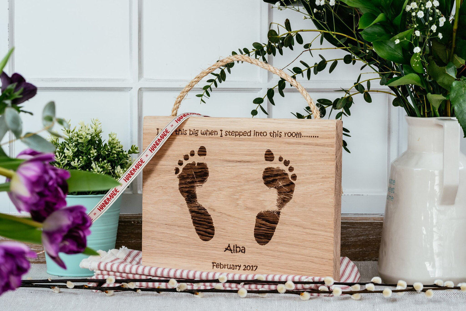 Footprints/Handprint Engraved in Solid Oak Wood Wall Hanging/Personalised Keepsake/Baby Footprint Gift/Child Footprint Gift/Baby Handprint