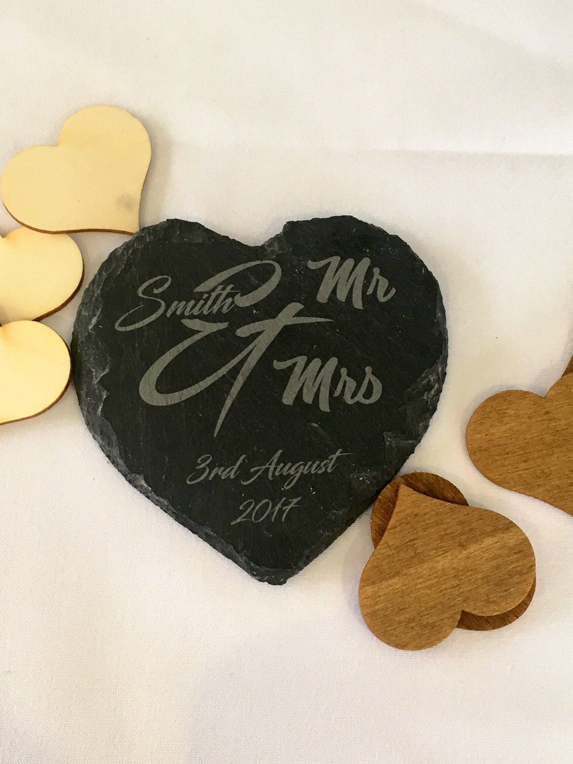 Personalised engraved heart slate coaster Mr & Mrs