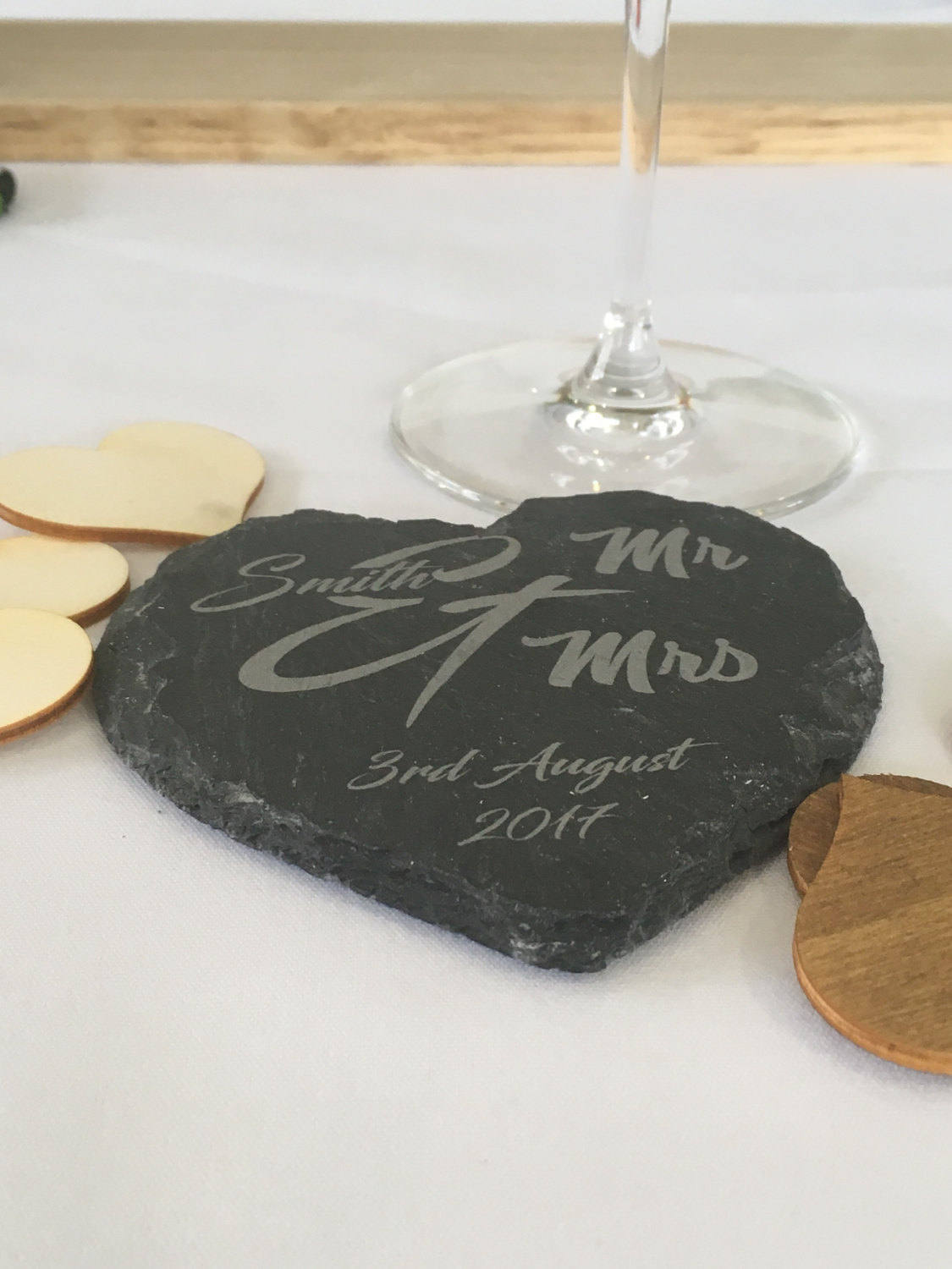Personalised engraved heart slate coaster Mr & Mrs