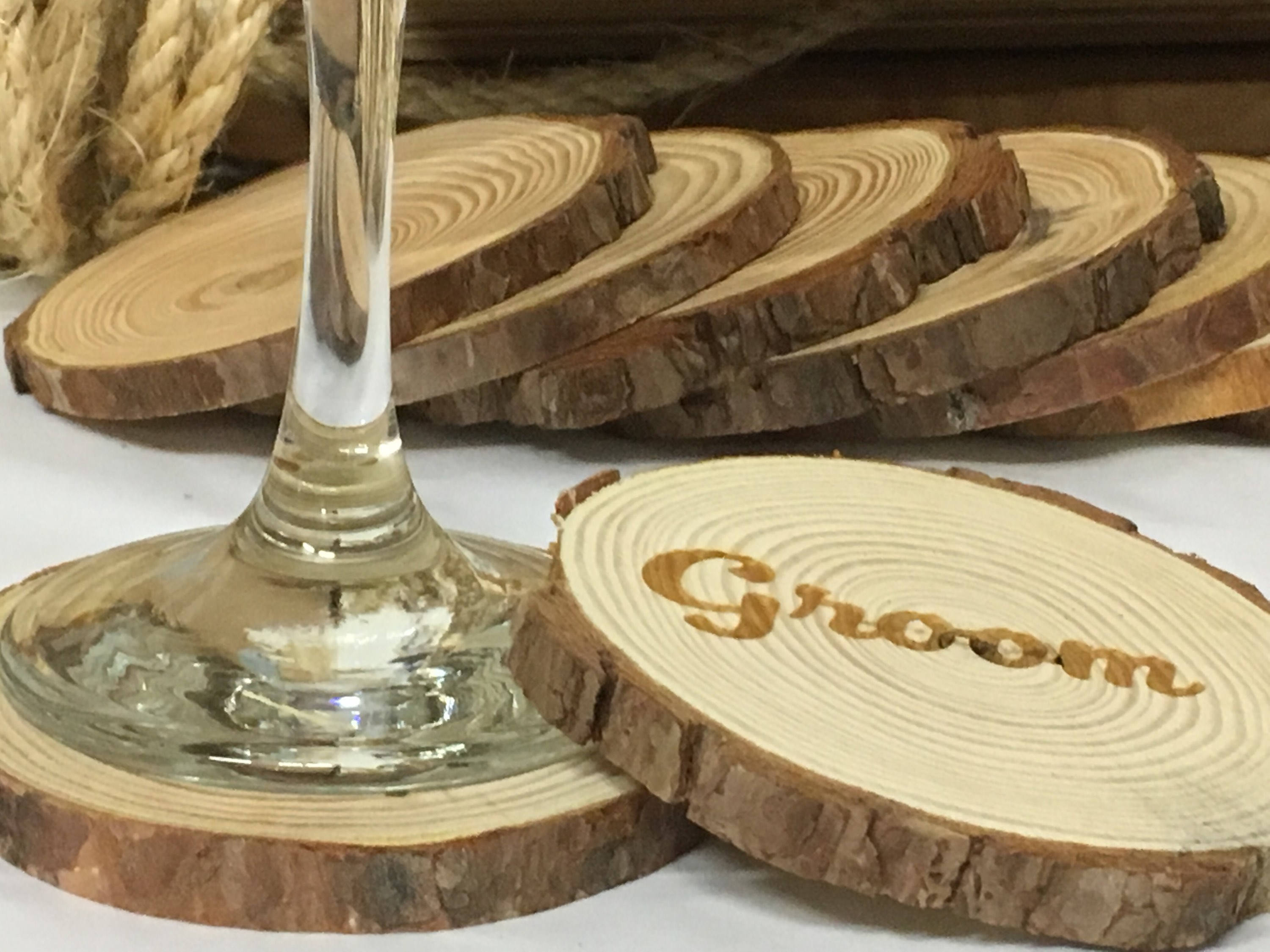 Natural log slice personalised coaster - name place wedding