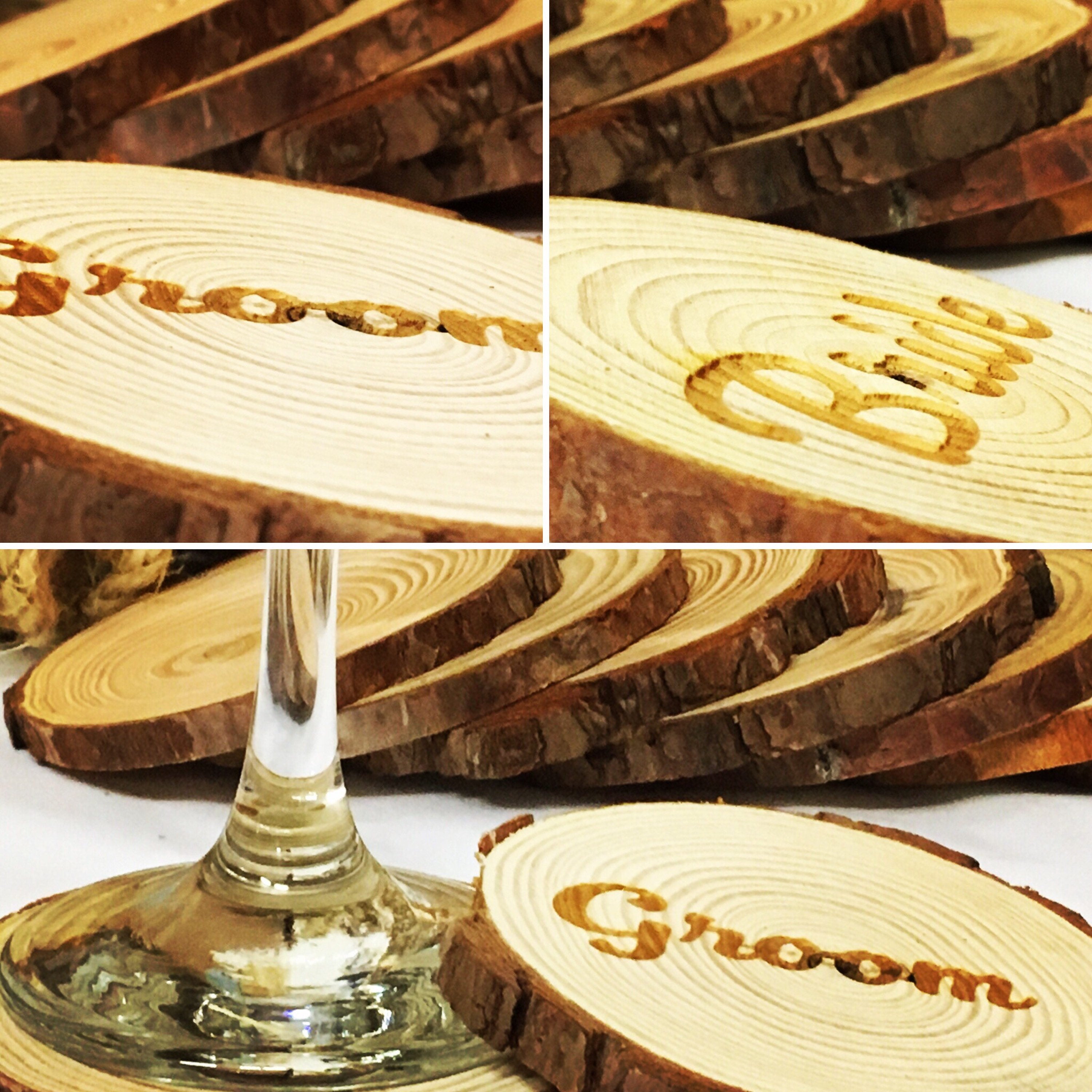 Natural log slice personalised coaster - name place wedding