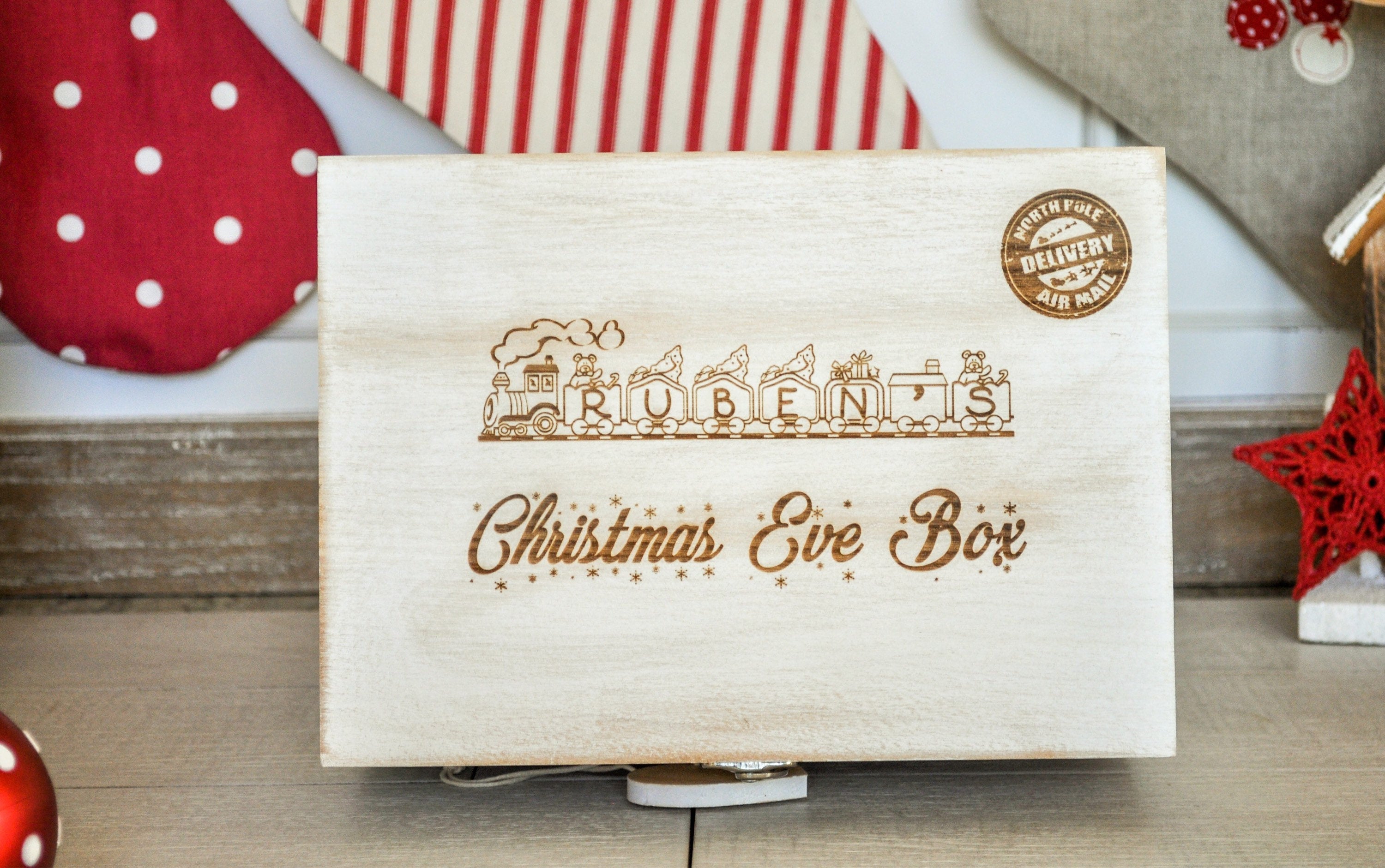 Personalised Christmas Eve Box/Train/Rustic White Box/Memory Box/Christmas Eve Idea/Christmas Tradition/Personalised Wooden Box/Memory Box