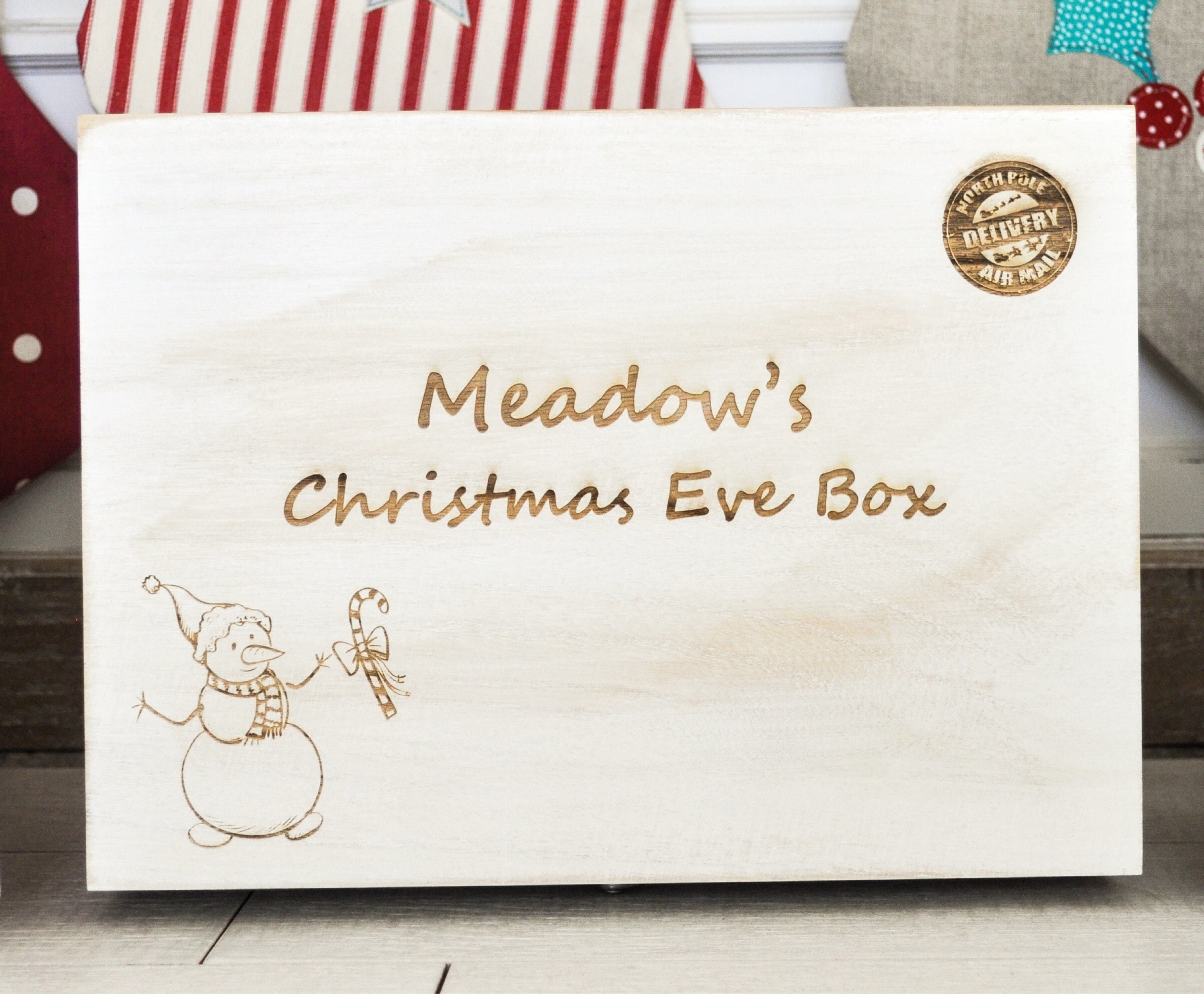 Personalised Christmas Eve Box Snowman Design /Rustic White Box/ Memory Box/ Xmas Eve Box/Engraved Wood Christmas Box/Christmas Tradition