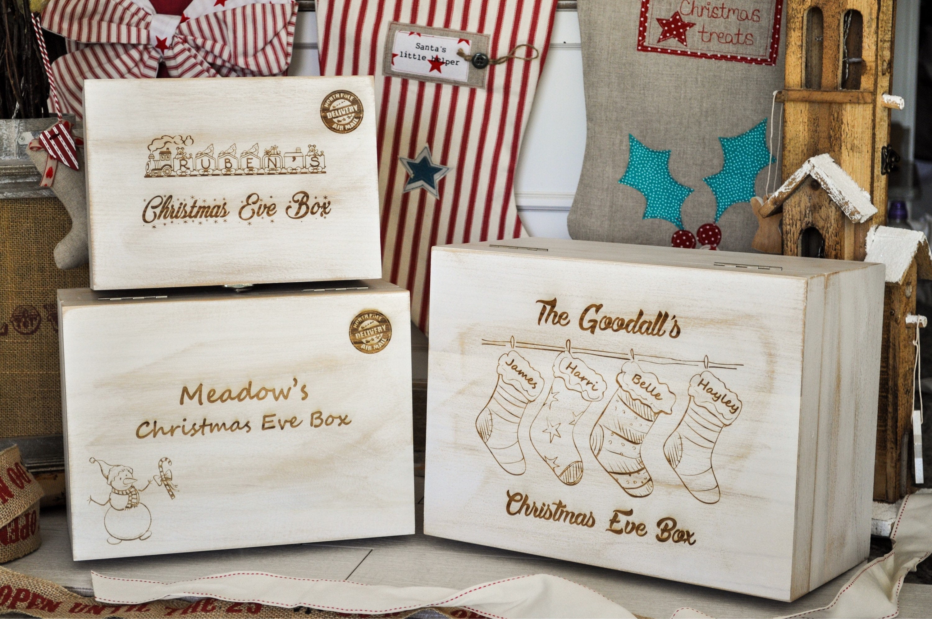Personalised Christmas Eve Box Snowman Design /Rustic White Box/ Memory Box/ Xmas Eve Box/Engraved Wood Christmas Box/Christmas Tradition