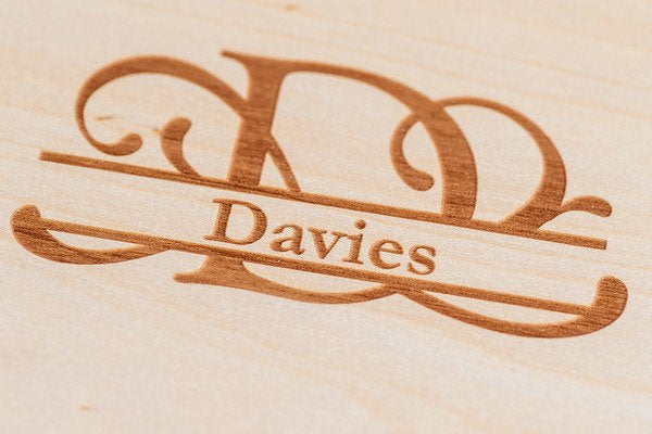 Personalised round wooden cheese board set - Split monogram Initial