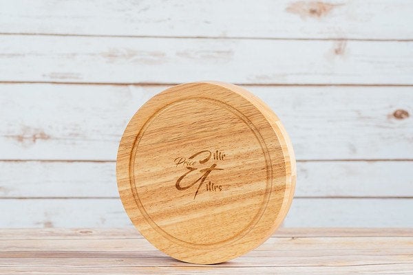 Personalised round wooden cheese board set - Name - Est. - wedding gift