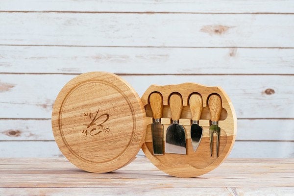 Personalised round wooden cheese board set - Name - Est. - wedding gift