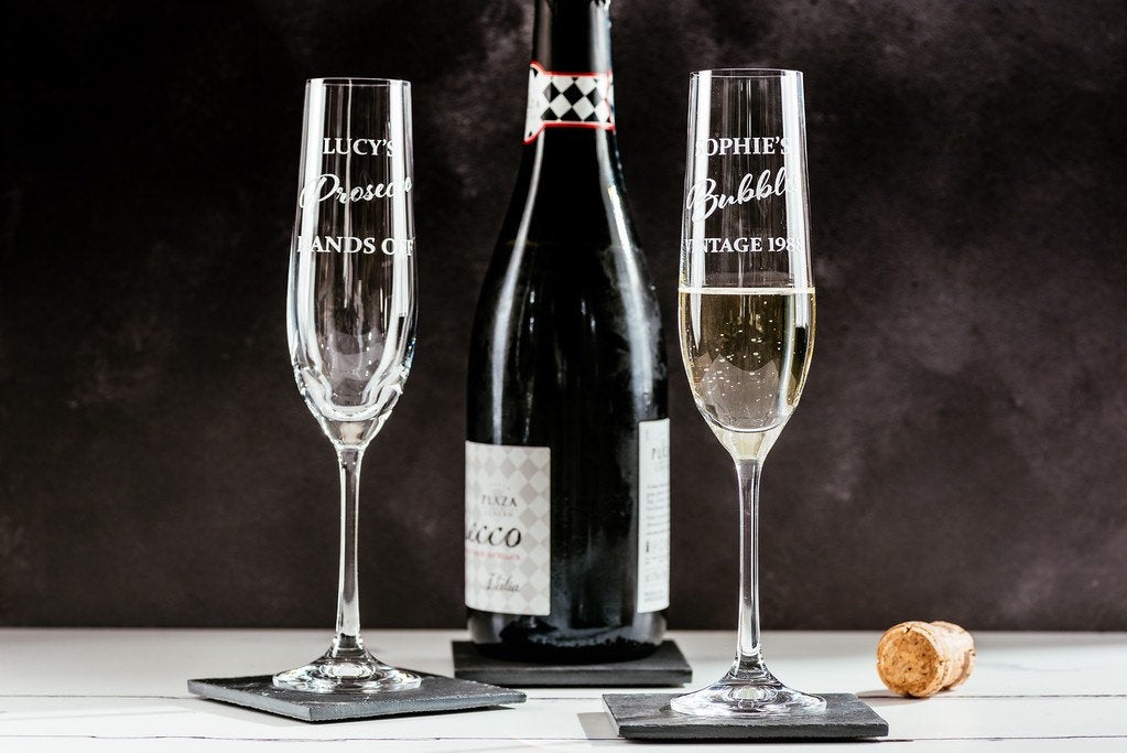 Personalised engraved champagne flute - Lucy's Prosecco Hands Off - Glass
