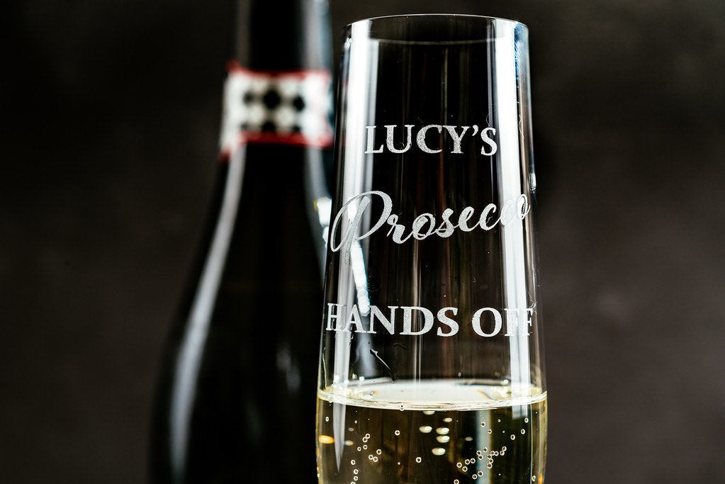 Personalised engraved champagne flute - Lucy's Prosecco Hands Off - Glass