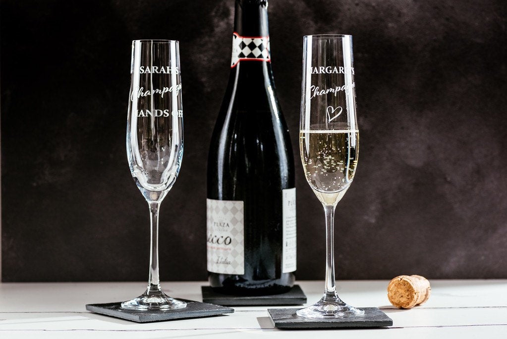 Personalised engraved champagne flute - Lucy's Prosecco Hands Off - Glass