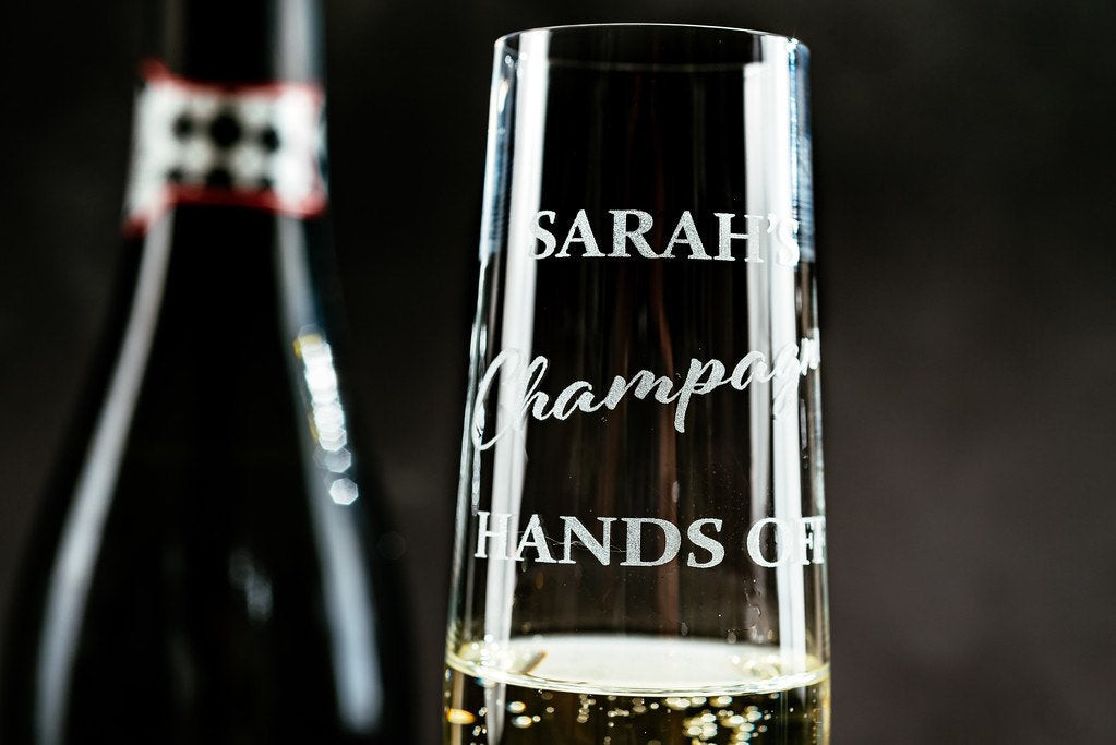 Personalised engraved champagne flute - Sarah's Champagne Hands Off - Glass