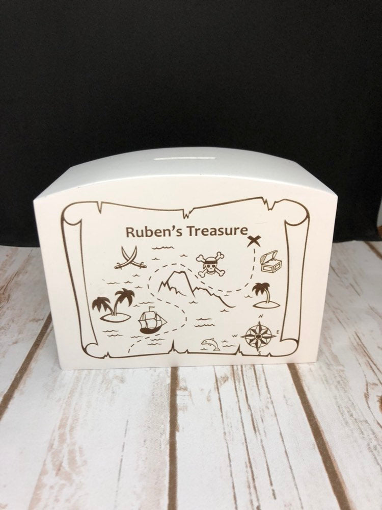 Personalised Wooden Money Box - Engraved with a treasure map