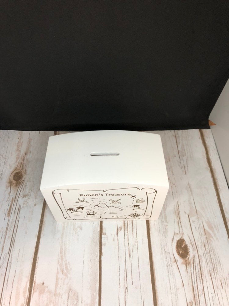 Personalised Wooden Money Box - Engraved with a treasure map