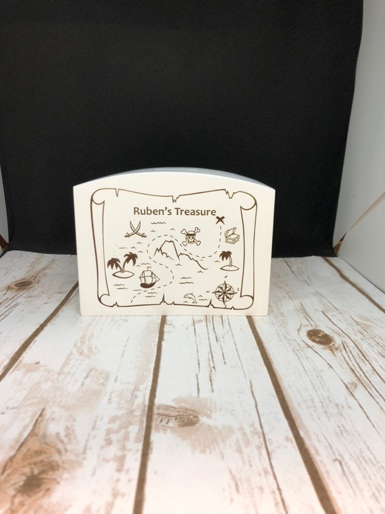 Personalised Wooden Money Box - Engraved with a treasure map